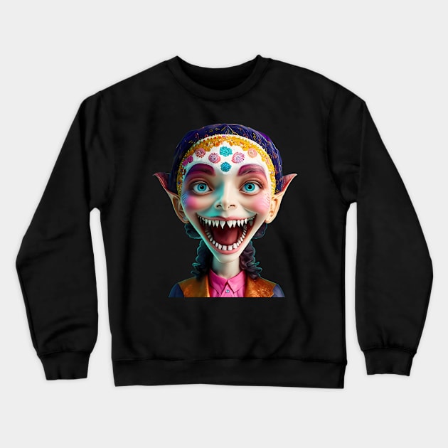 Big Eyed Alien Shark Tooth Girl Crewneck Sweatshirt by FrogAndToadsWorkshop